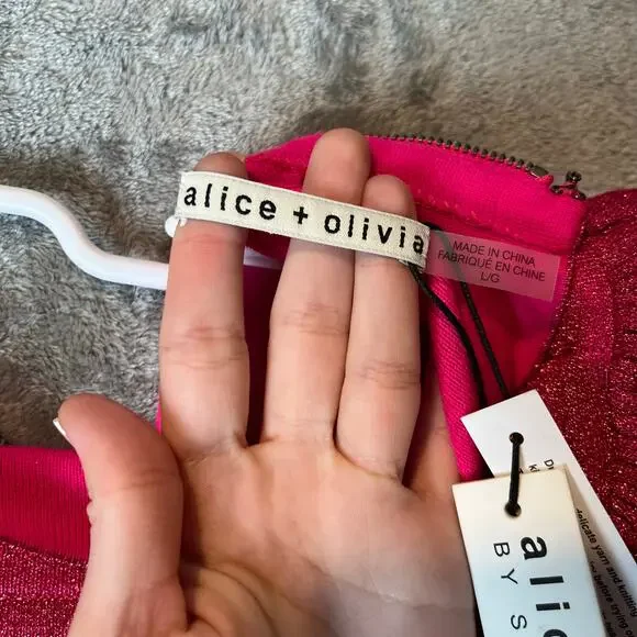 Alice + Olivia Issa Turtleneck Puff Sleeve Dress‎ Pink Glitter LG Wool Blend New